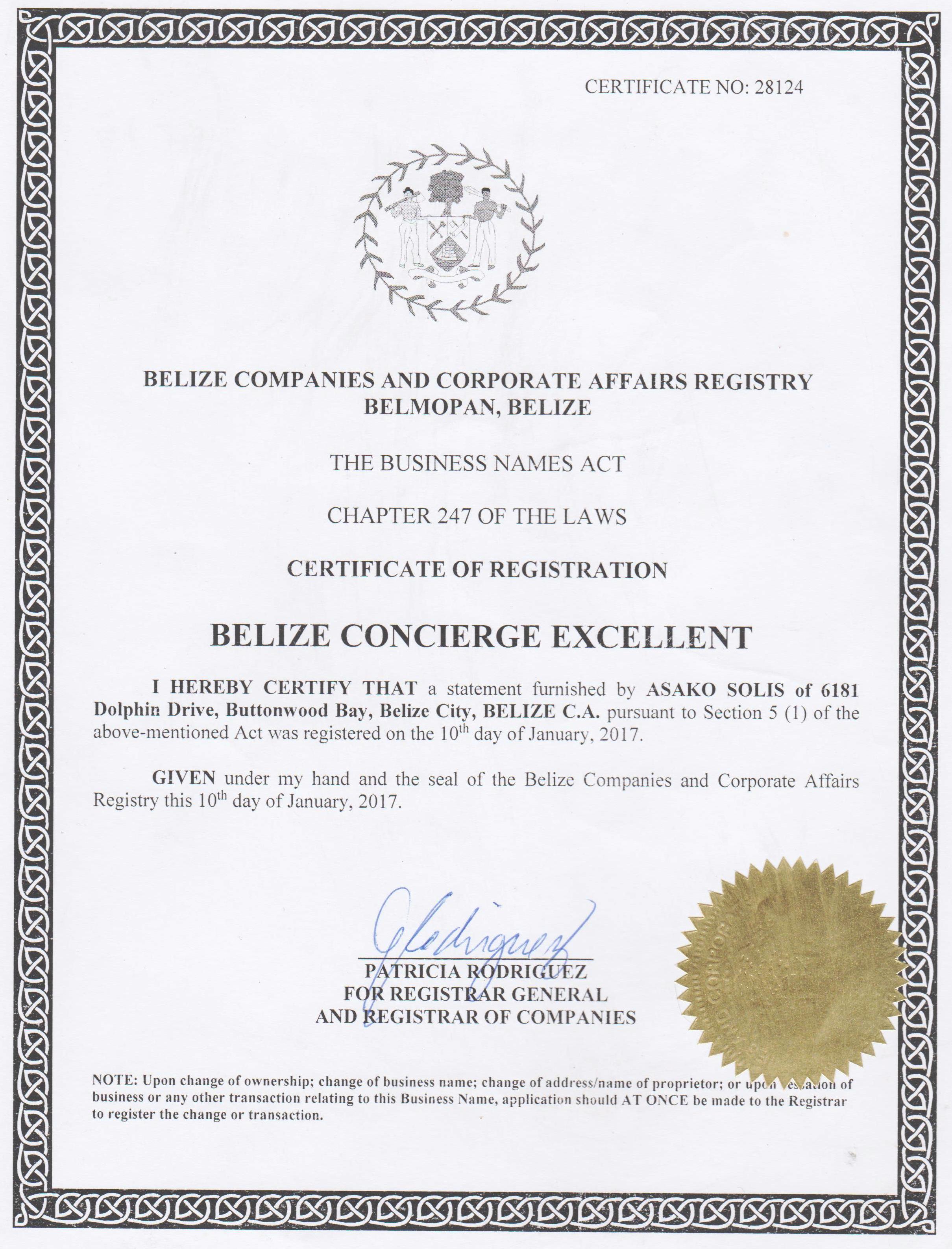 Certificate of Company Registration Belize Concierge Excellent